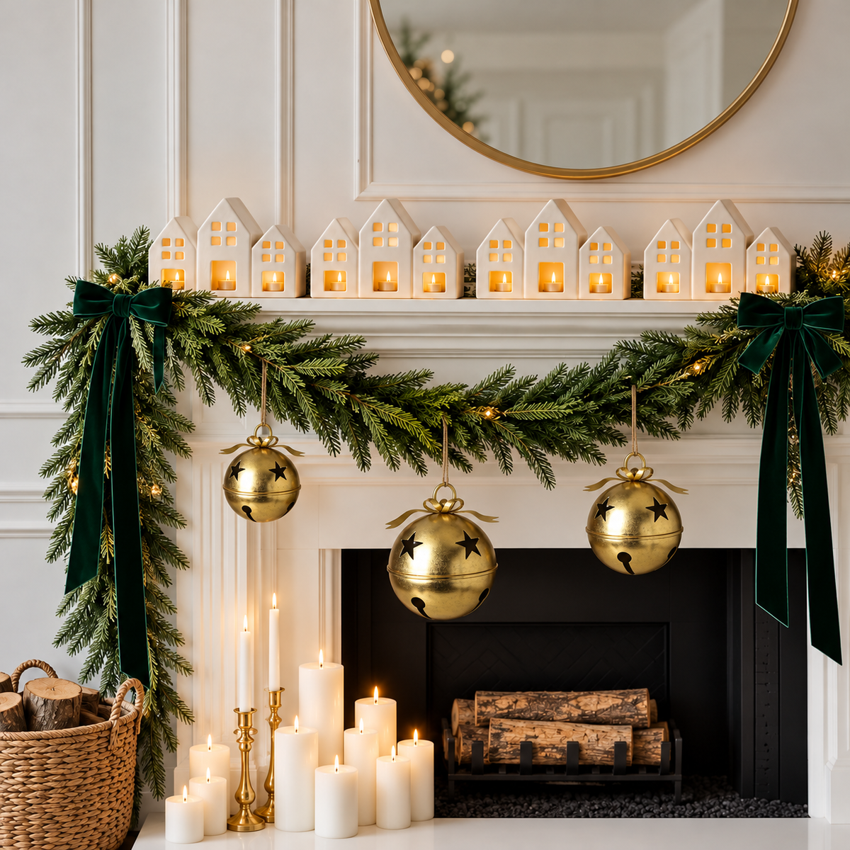 Pearly white house trios on a festive mantel with three gold star-cutout bells, pine and green velvet bows