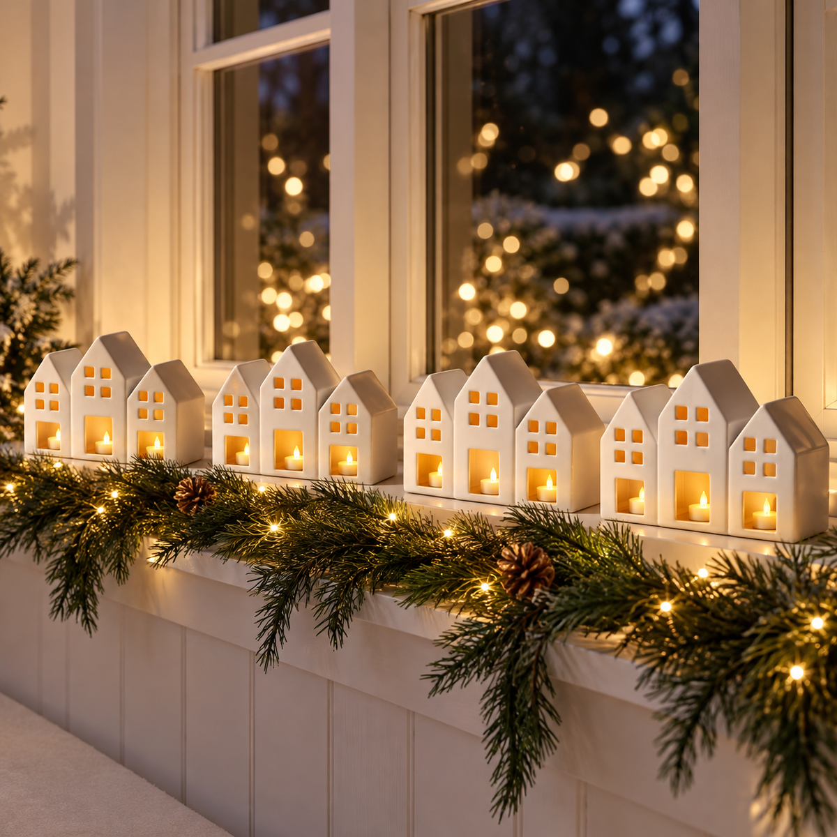 Pearly white house trio tealight holders glowing on a windowsill with pine at evening