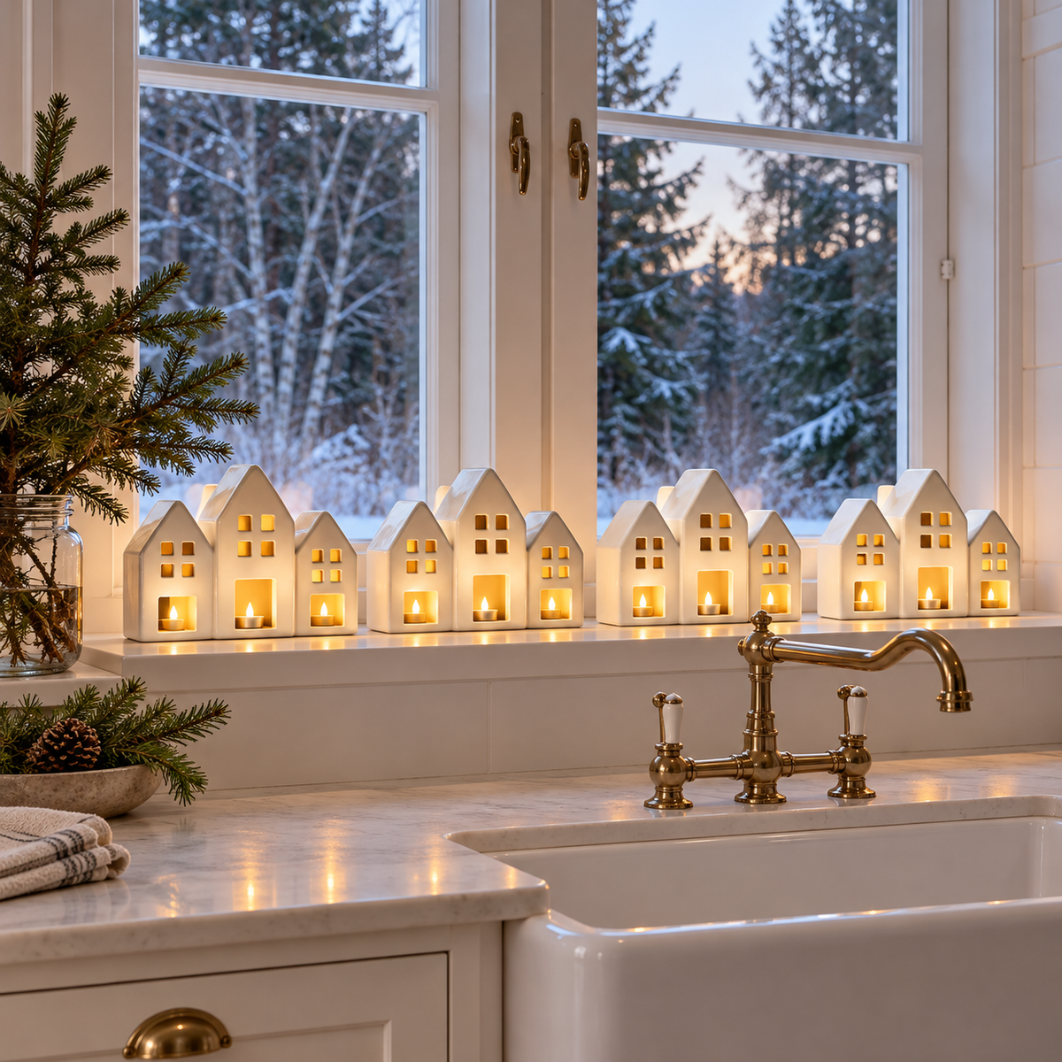 Pearly white house trio tealight holders in a white country kitchen