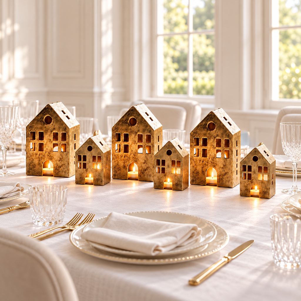 Six antique gold house tealight holders on an elegant white dining table