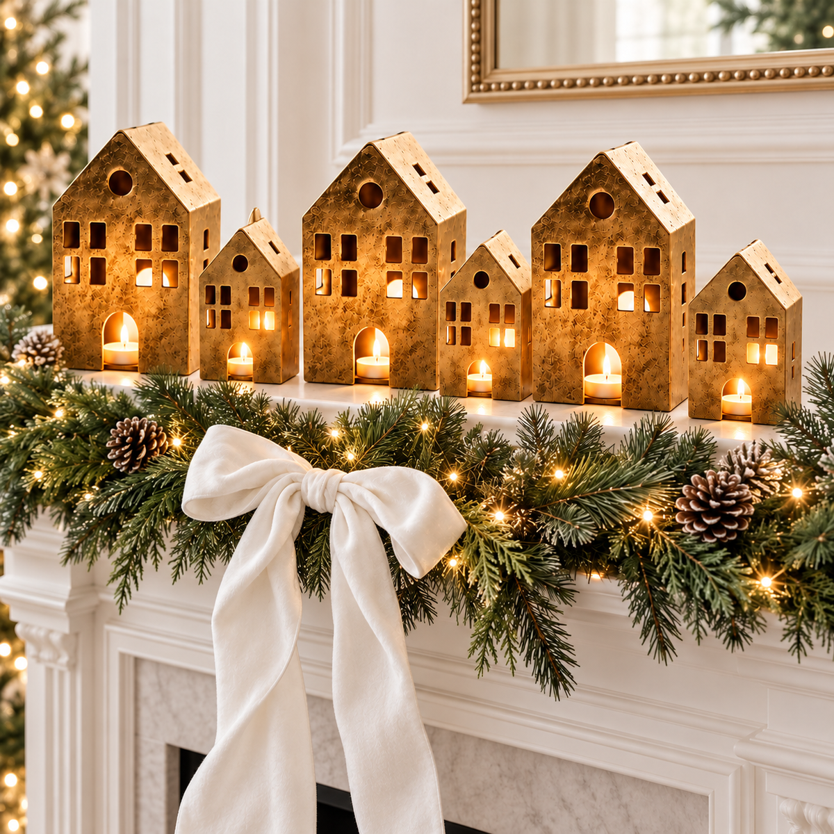 Six gold house tealight holders on a white mantel with faux pine and relaxed white velvet bow