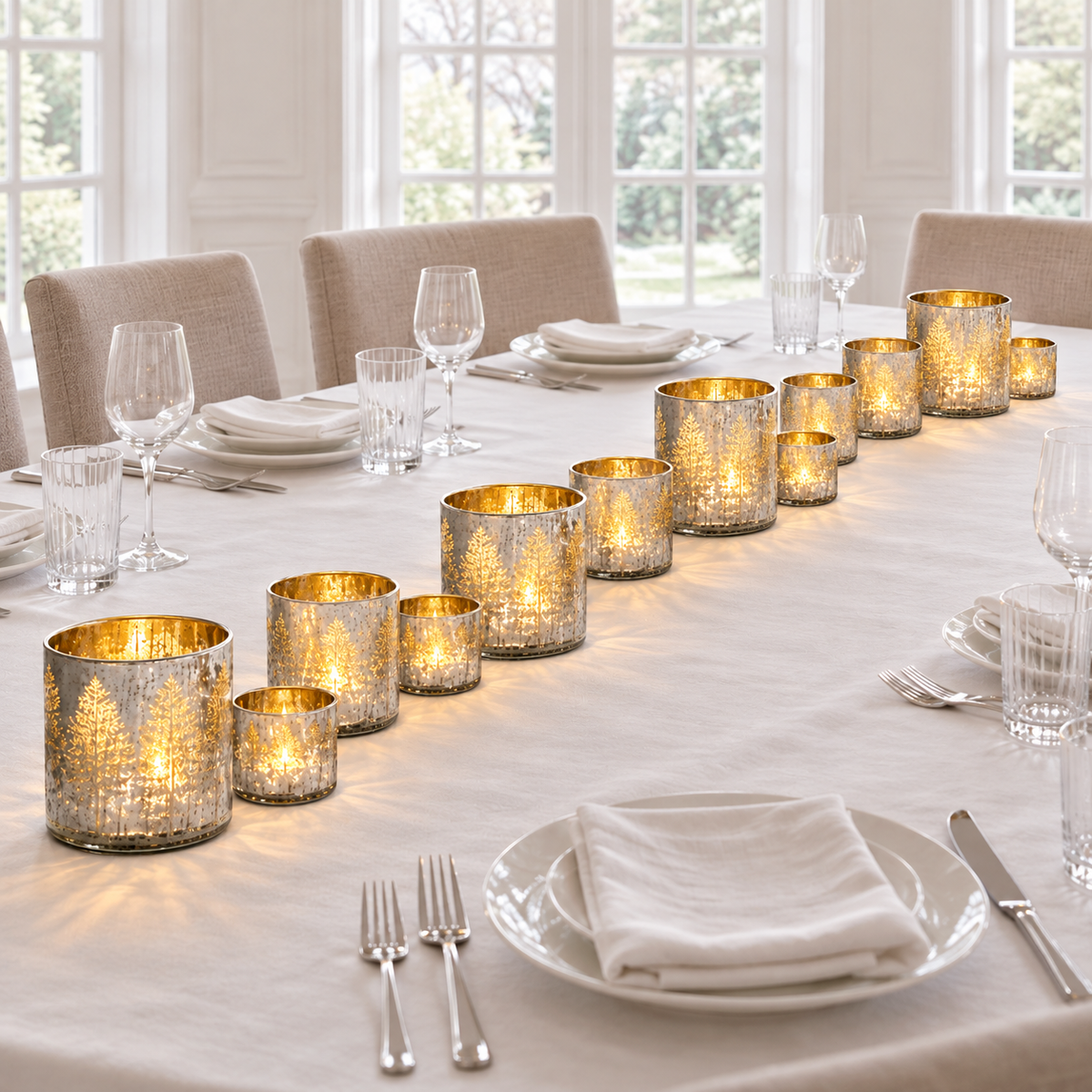 Twelve silver etched tree tealight holders arranged in a gentle line along a white dining table
