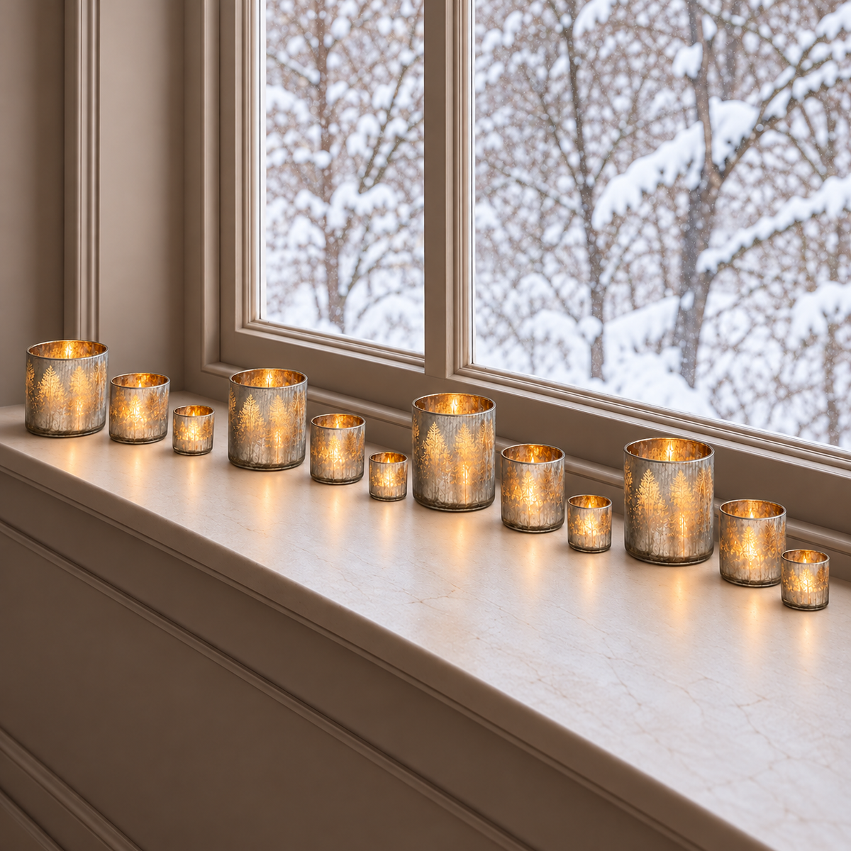 Twelve silver etched tree tealight holders spaced along a neutral windowsill, square photograph