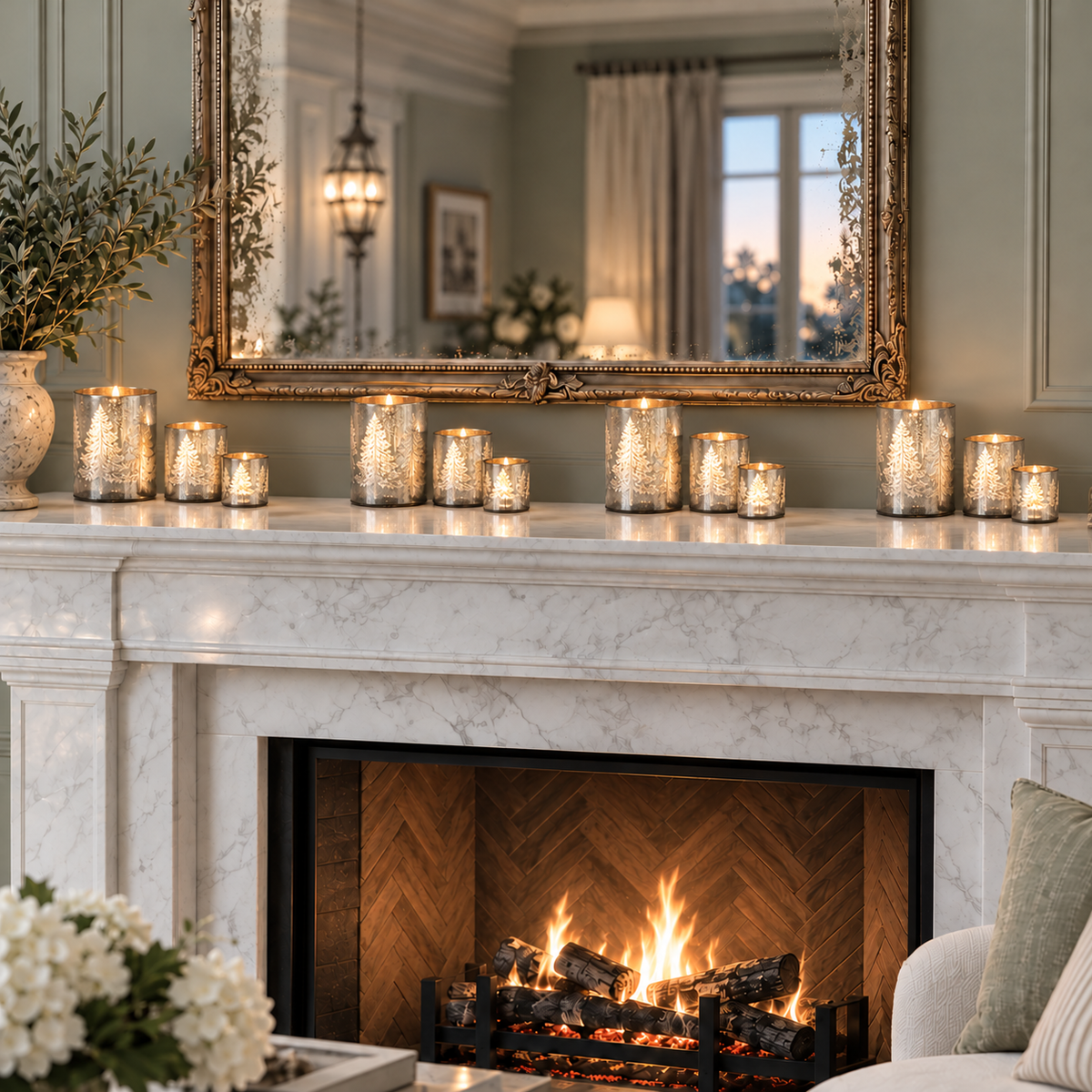 Twelve silver etched tree tealight holders in three sizes on a grand white marble mantel