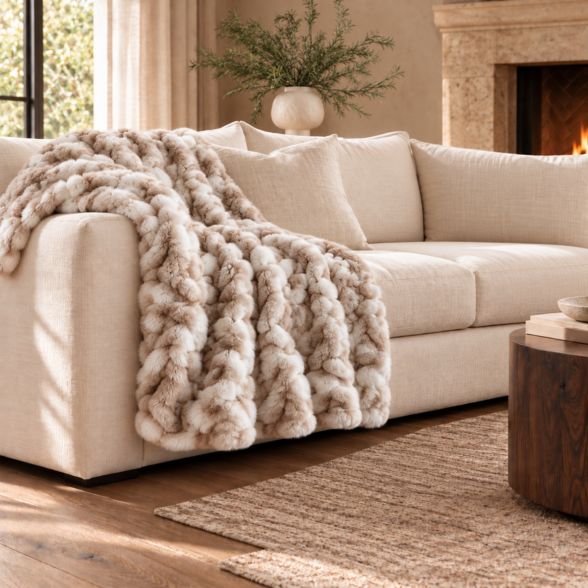 Deco Luxe Ruched Faux Fur Throw — product and styling photograph