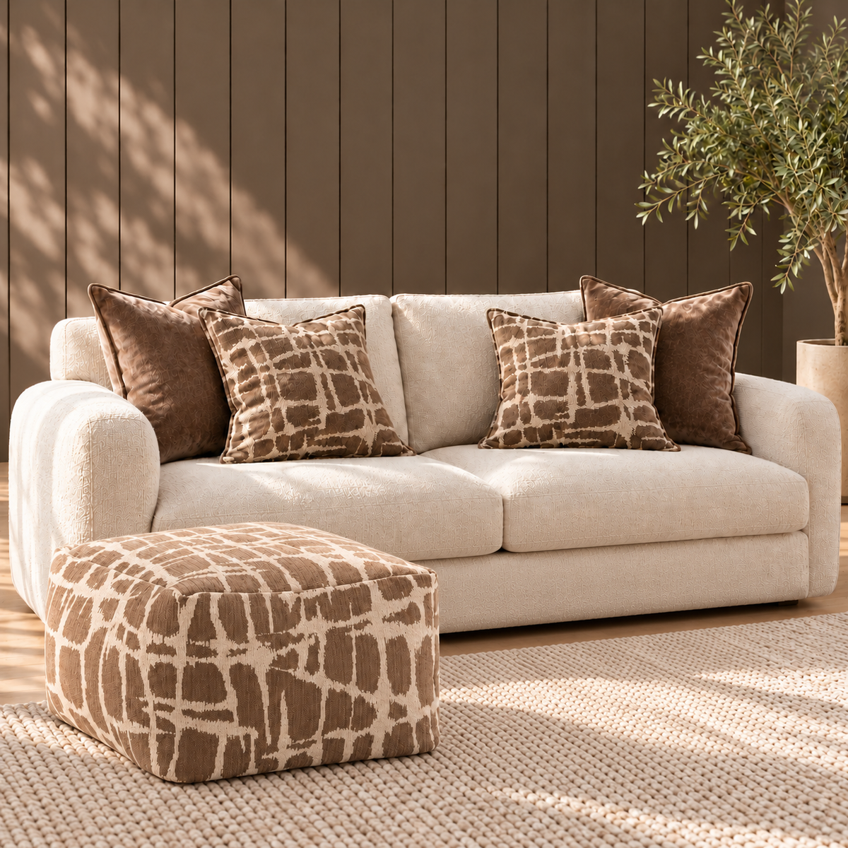 Elara & Sorelle Mocha Cushions — Set of Four — Details — product and styling photograph