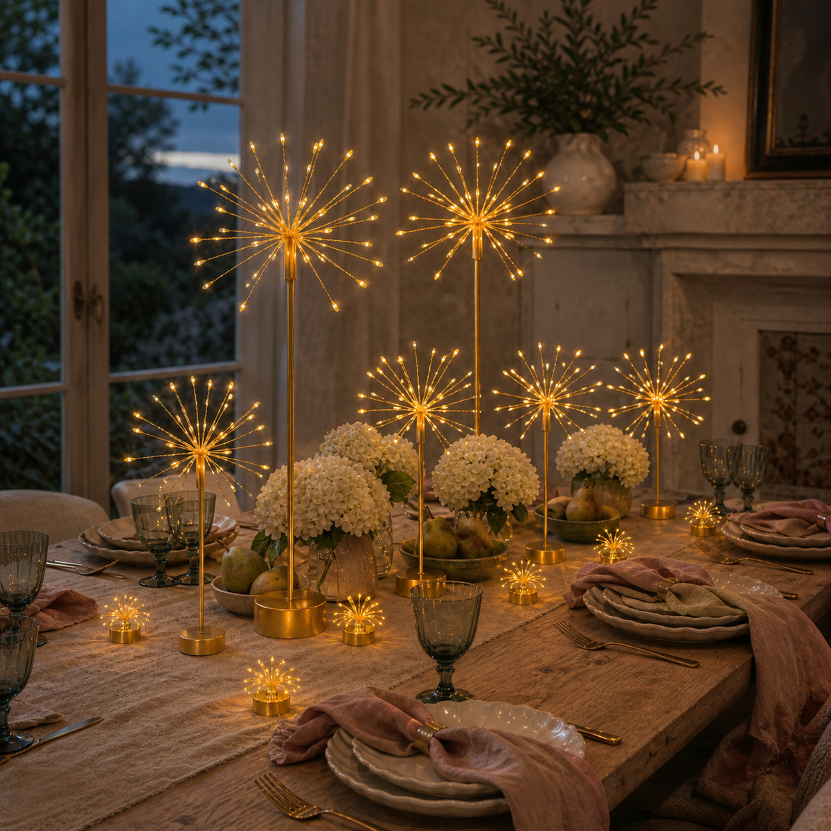 Golden Starburst Table Lights — Set of 30 — Details — product and styling photograph
