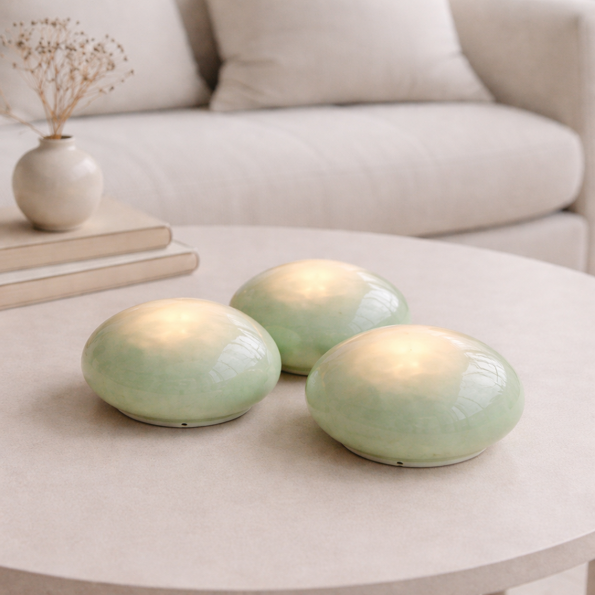 Rokka Rechargeable Glass Lights — Set of Three — Green — product and styling photograph