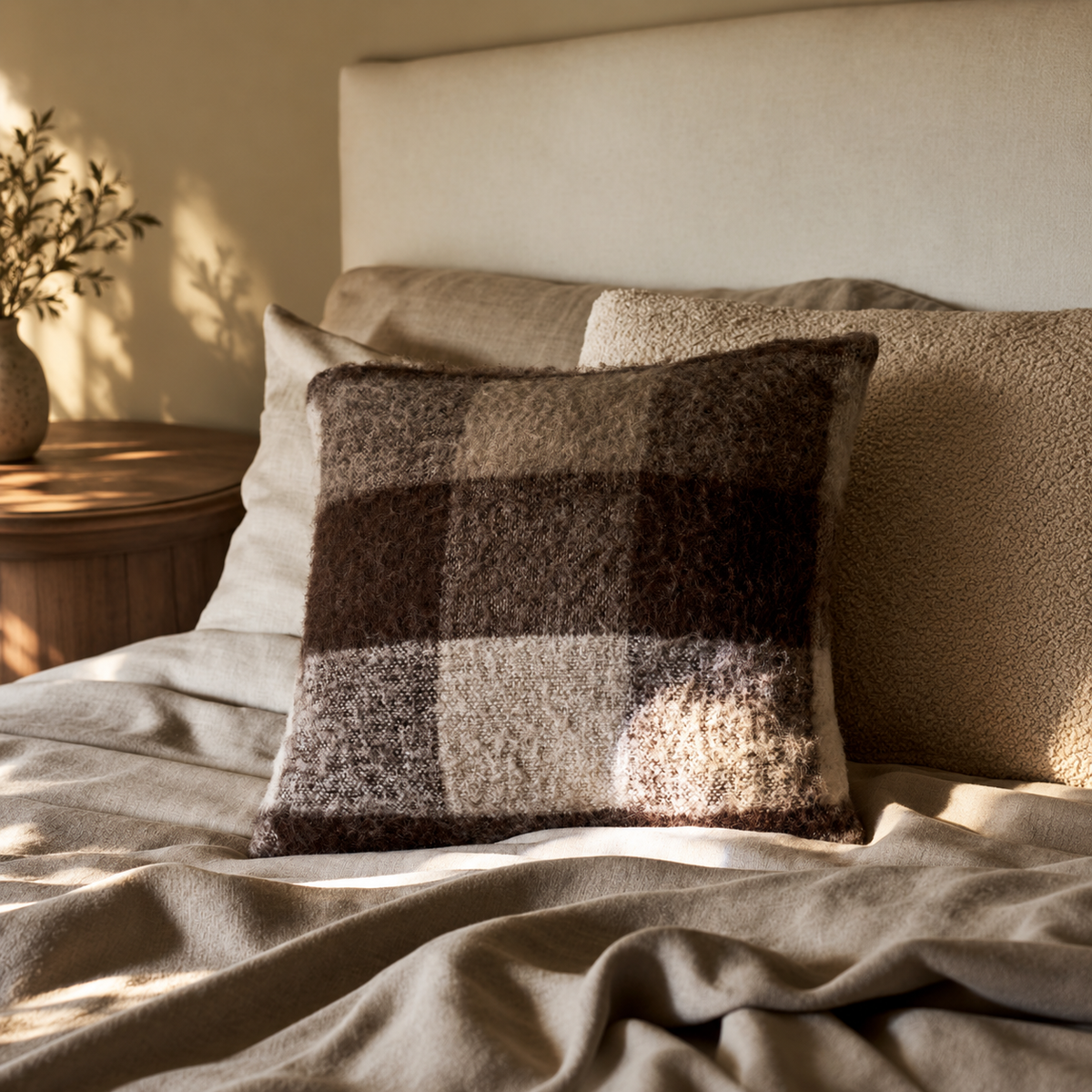 Leigh Check Wool Cushions — Set of Four — Cocoa — product and styling photograph