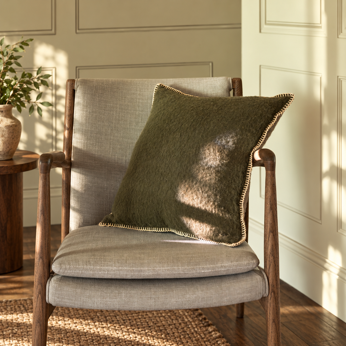 Buxton Reversible Wool Cushions — Set of Four — Moss — product and styling photograph