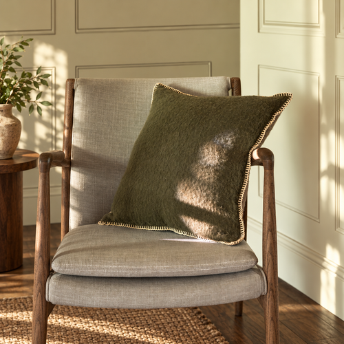 Buxton Reversible Wool Cushions — Set of Four — Moss — product and styling photograph