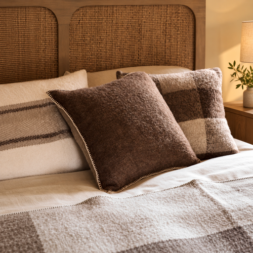 Buxton Reversible Wool Cushions — Set of Four — Cocoa — product and styling photograph