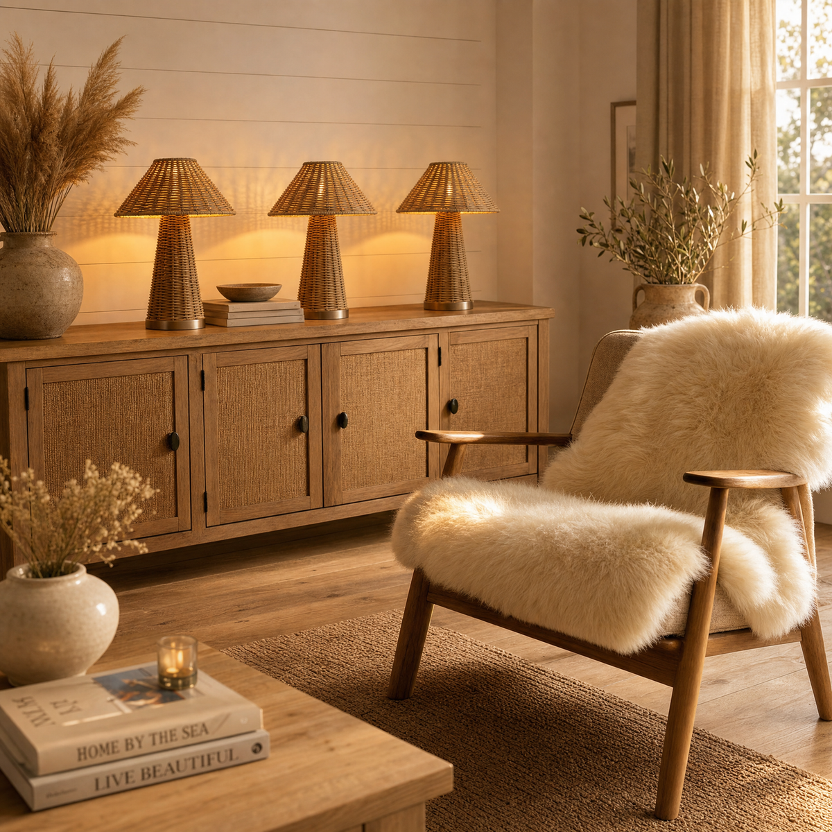 The Evening Set — Rattan Lamps & Double Sheepskin — Details — product and styling photograph