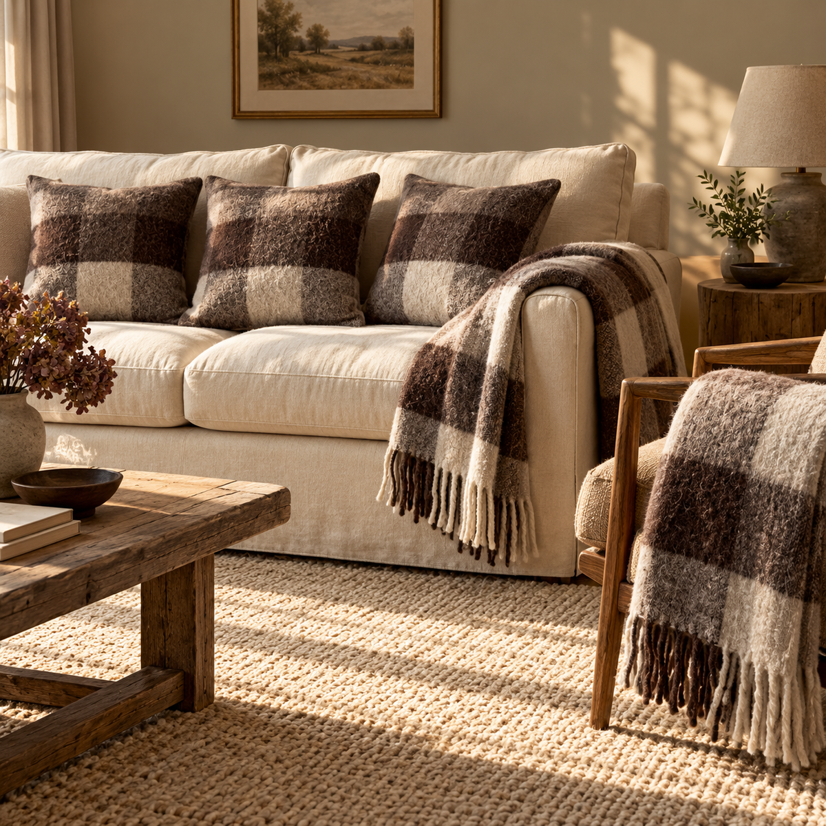 Leigh Cocoa Check Wool Room Set — Details — product and styling photograph