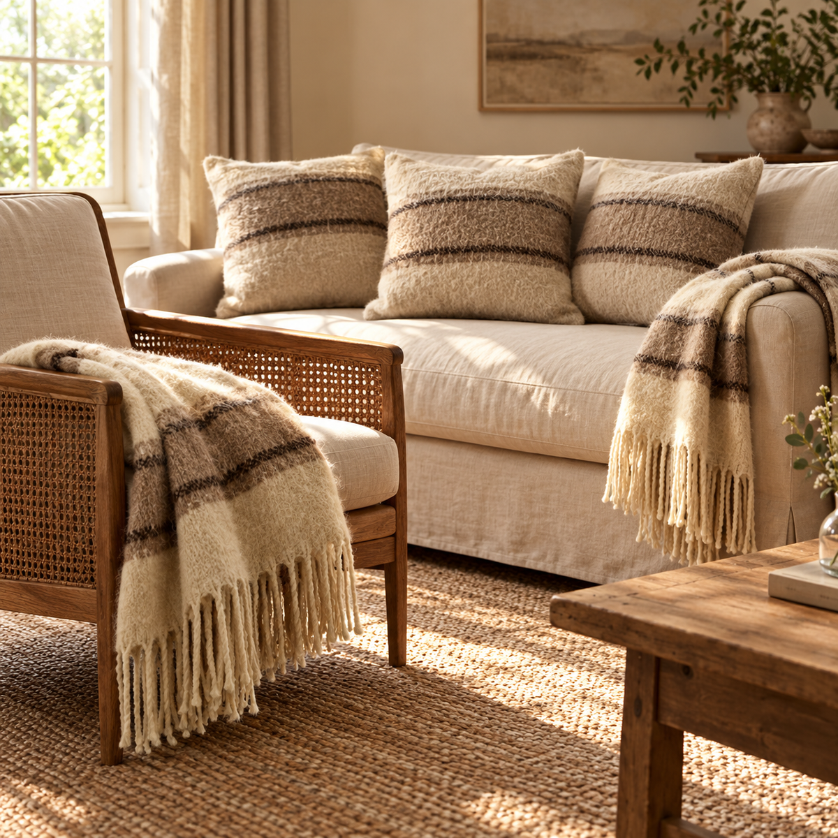 Leigh Cocoa Multi Stripe Wool Room Set — Details — product and styling photograph