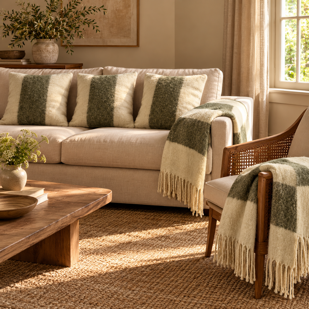Leigh Moss Wide Stripe Wool Room Set — Details — product and styling photograph