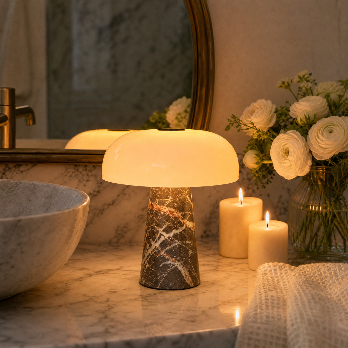 Rosso Levanto Rechargeable Marble Table Lamp — Details — product and styling photograph