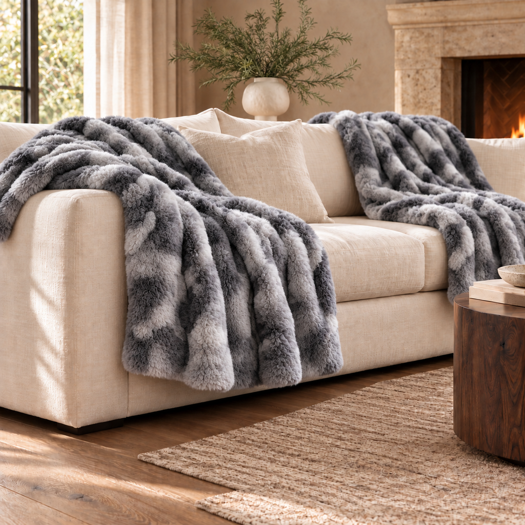 Marshmallow Marble Faux Fur Throws — Pair — product and styling photograph