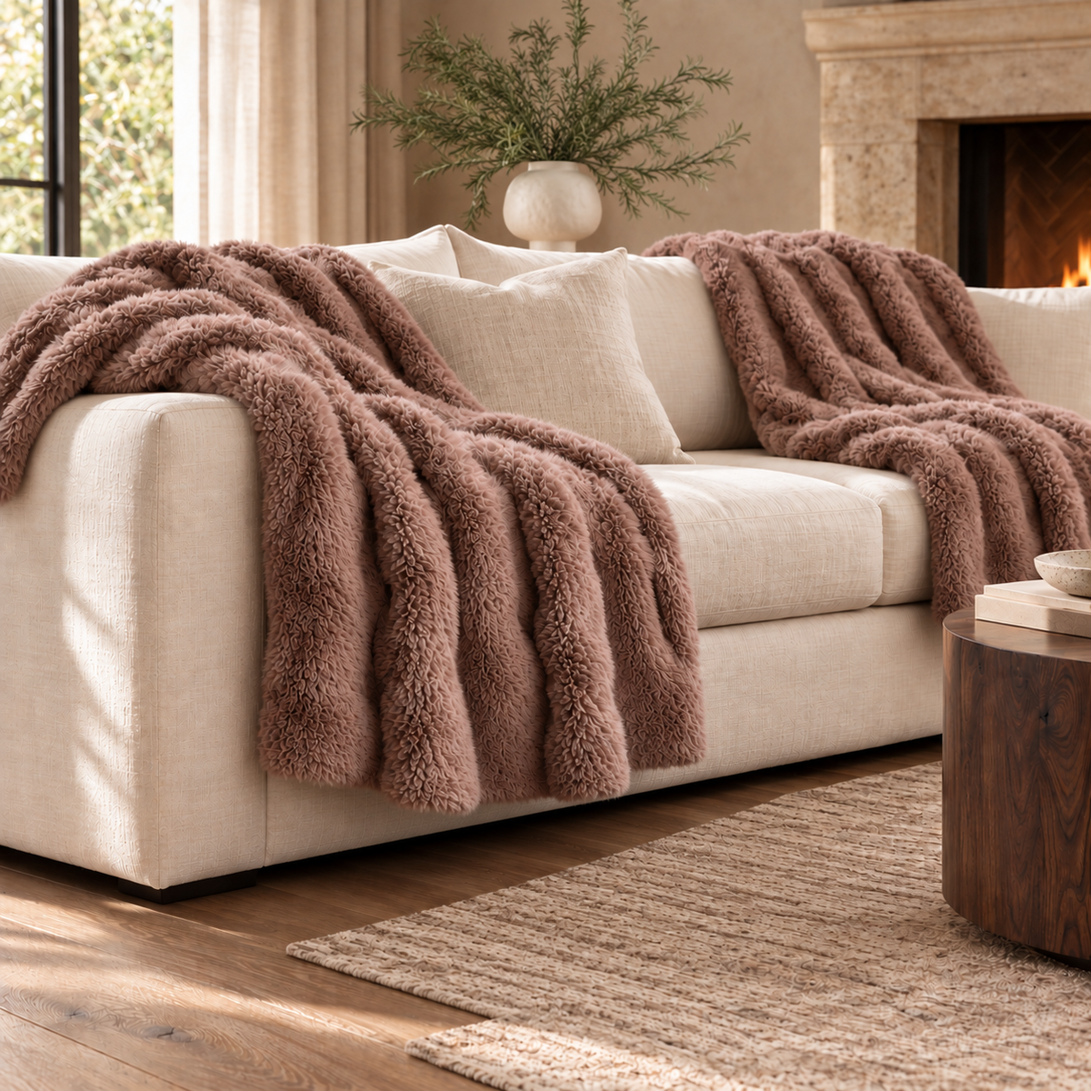 Marshmallow Faux Fur Throws — Pair — Mocha — product and styling photograph