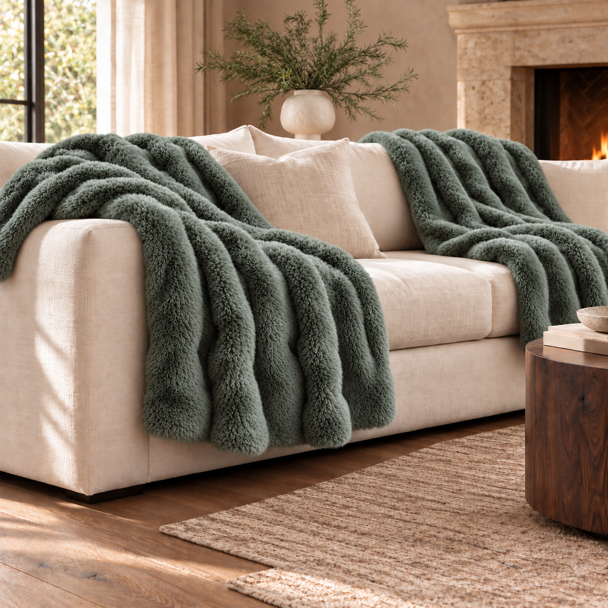 Marshmallow Faux Fur Throws — Pair — Olive — product and styling photograph
