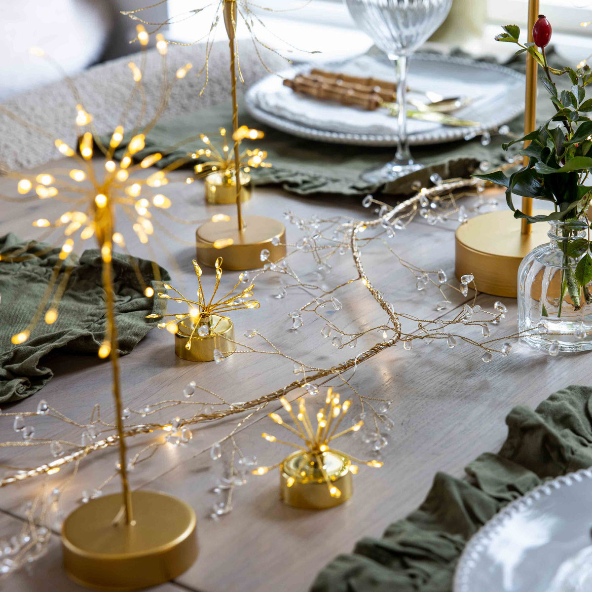 Golden Starburst & Juniper Garland Table Set — Details — product and styling photograph