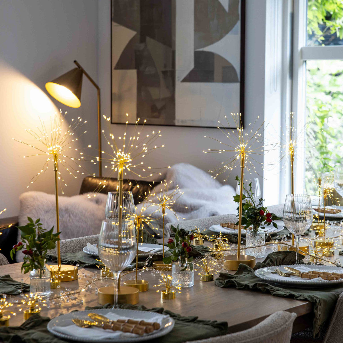 Golden Starburst & Juniper Garland Table Set — Details — product and styling photograph