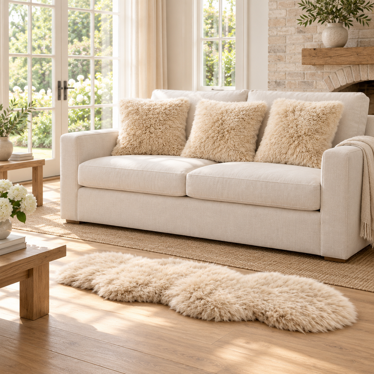 Oyster Sheepskin Living Room Set — product and styling photograph