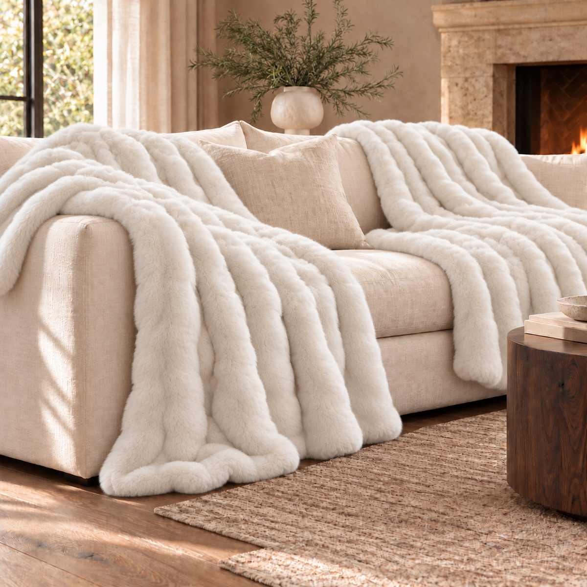 XL Marshmallow Faux Fur Throws — Pair — product and styling photograph